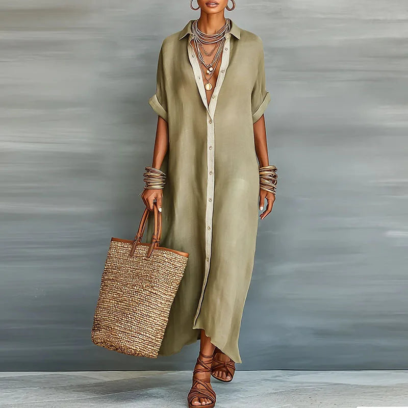 Abito lungo a camicia con bottoni per donne – Abito maxi leggero in effetto lino