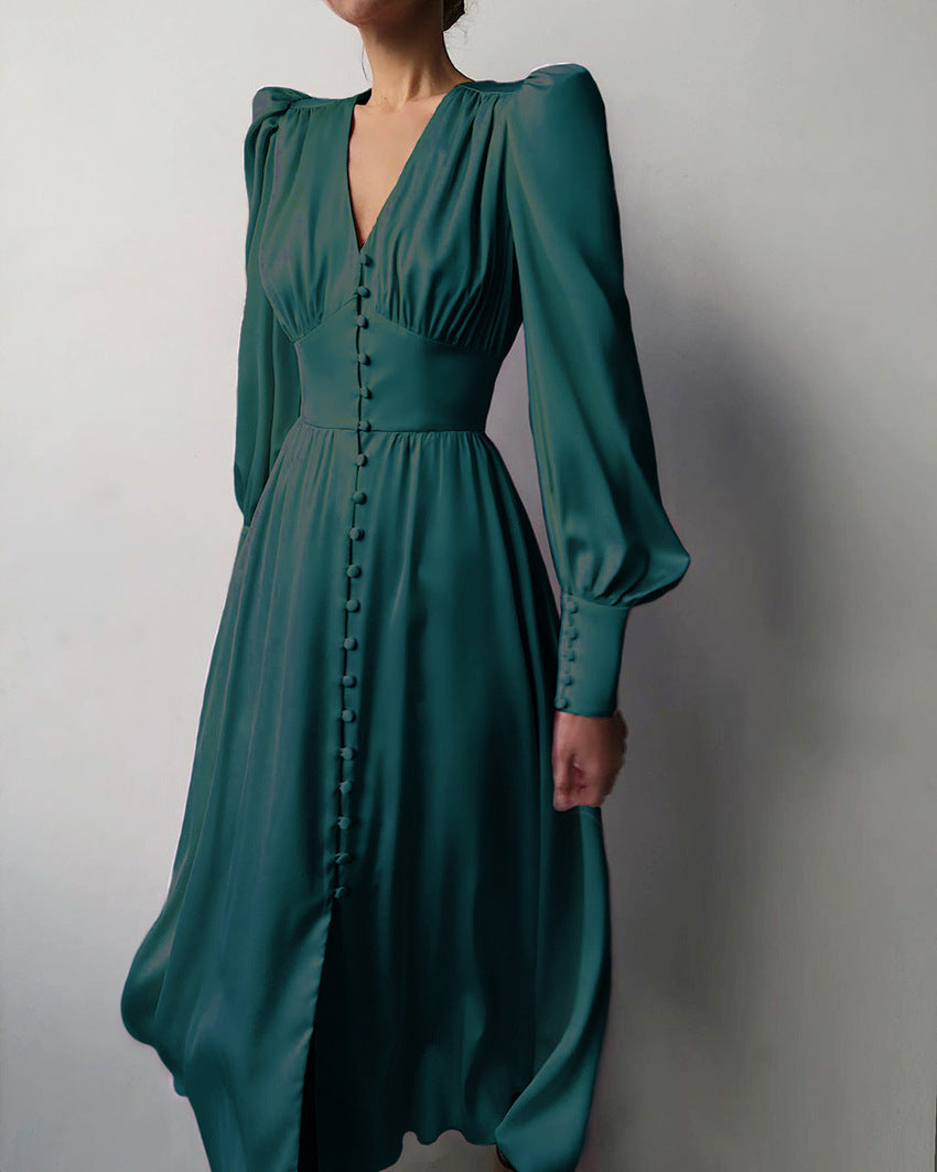 Elegante abito midi con scollo a V e bottoni – Abito lungo fluente per donne