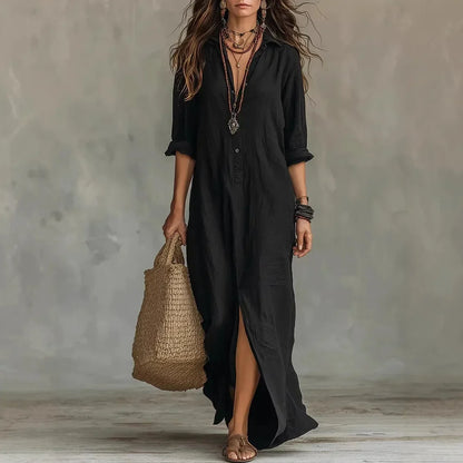 Abito Max lungo con colletto camicia per donne – Abito estivo leggero con scollatura a V e maniche lunghe