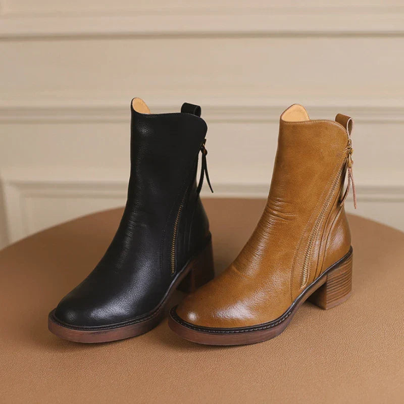 Eleganti Stivaletti in Pelle per Donna con Tacco a Blocco – Stivali Comodi con Cerniera