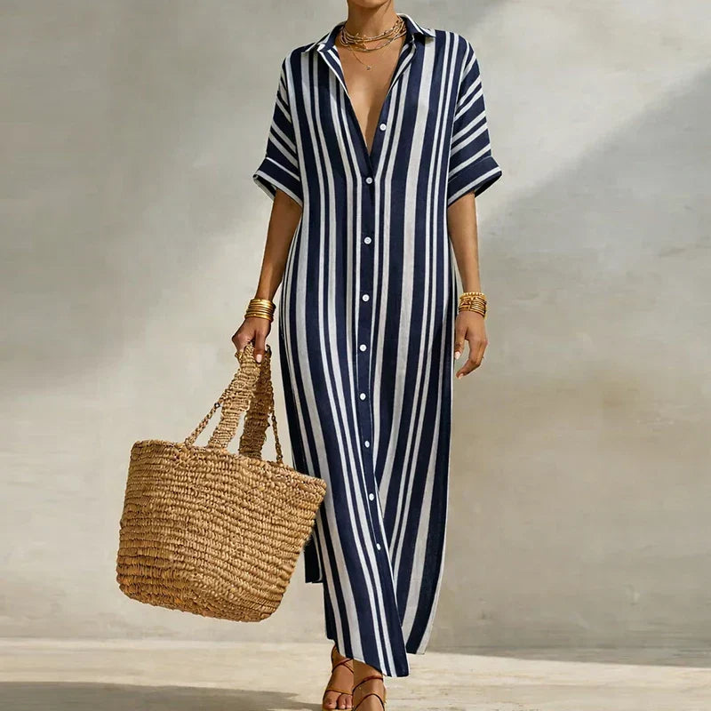 Abito camicia leggero con motivo a righe per donne – Elegante abito maxi per estate e vacanze