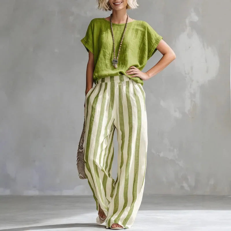 Set due pezzi casual con top per donne – Outfit estivo leggero con righe e pantaloni larghi
