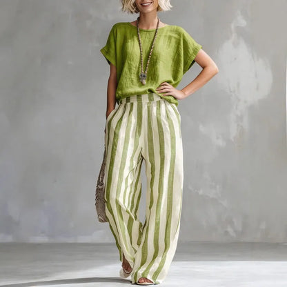 Set due pezzi casual con top per donne – Outfit estivo leggero con righe e pantaloni larghi