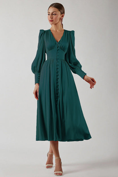 Elegante abito midi con scollo a V e bottoni – Abito lungo fluente per donne