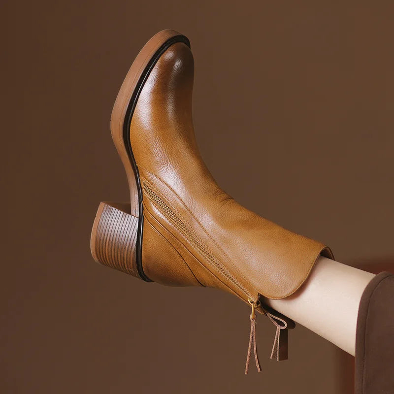 Eleganti Stivaletti in Pelle per Donna con Tacco a Blocco – Stivali Comodi con Cerniera