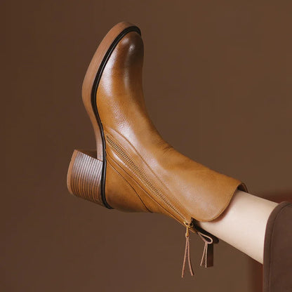 Eleganti Stivaletti in Pelle per Donna con Tacco a Blocco – Stivali Comodi con Cerniera