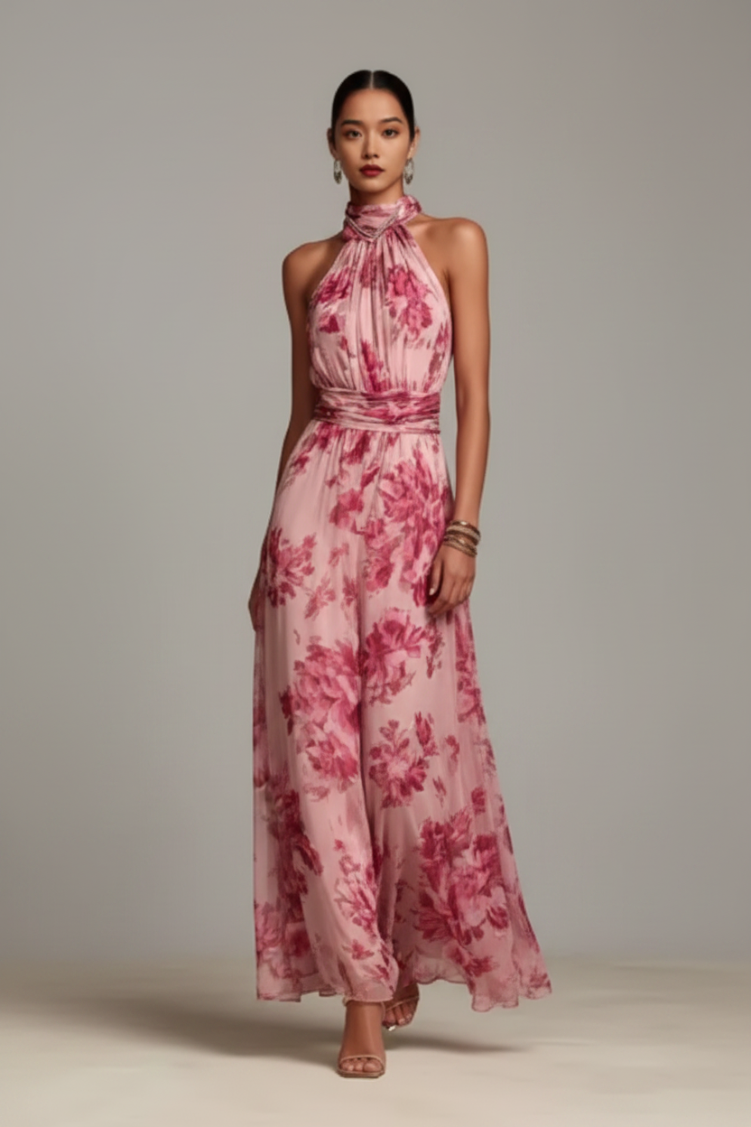 Abito Maxibloom floreale per donne – Elegante abito con scollo all'americana e cintura