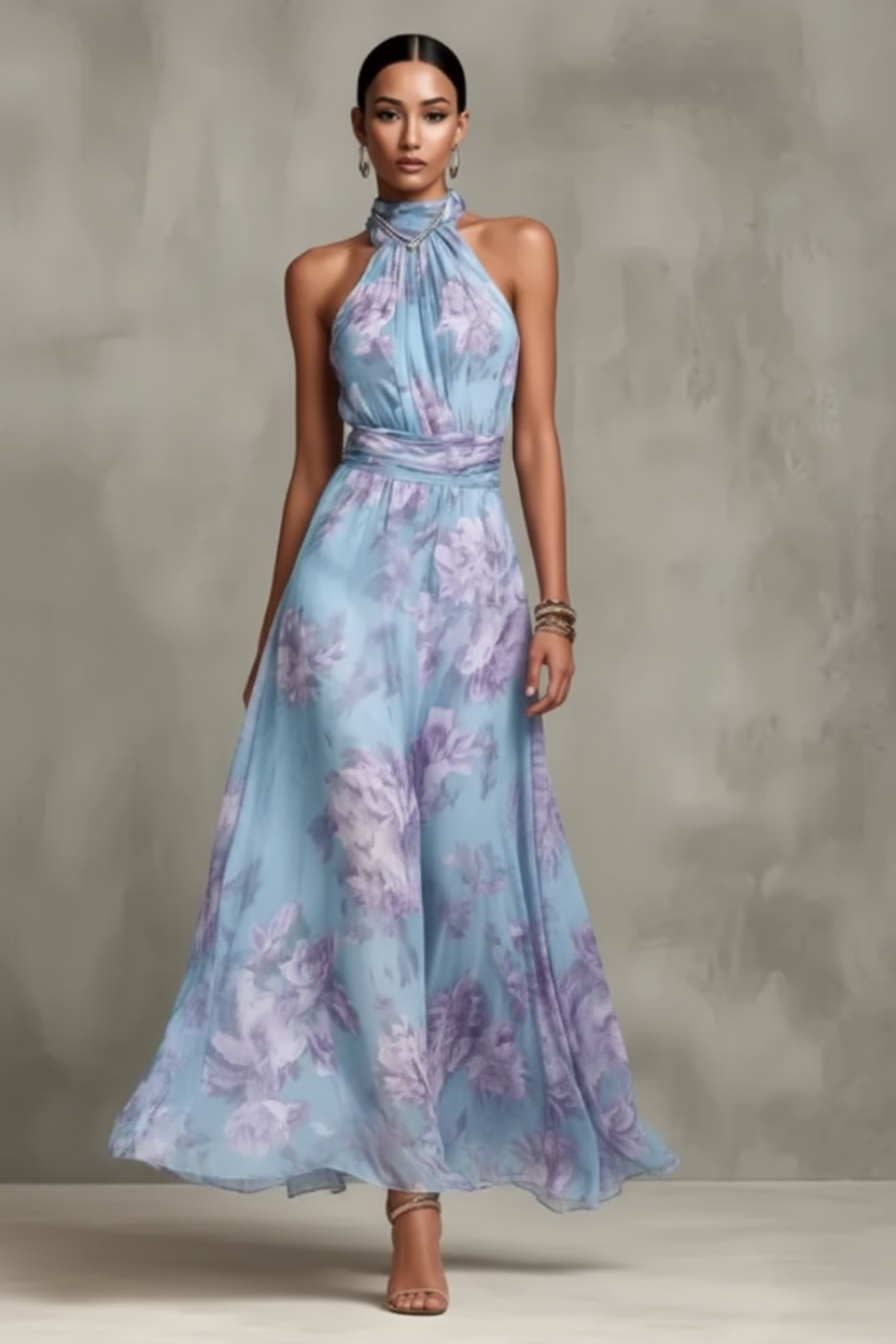 Abito Maxibloom floreale per donne – Elegante abito con scollo all'americana e cintura