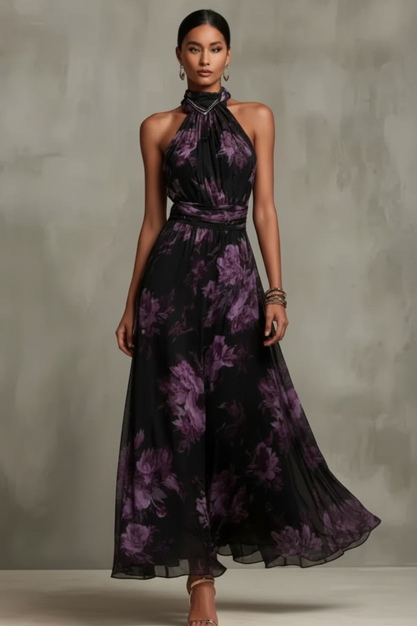 Abito Maxibloom floreale per donne – Elegante abito con scollo all'americana e cintura