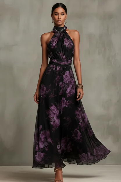 Abito Maxibloom floreale per donne – Elegante abito con scollo all'americana e cintura