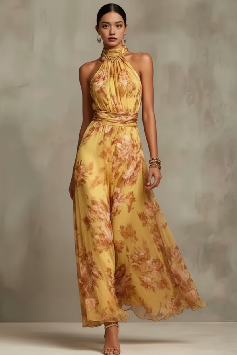 Abito Maxibloom floreale per donne – Elegante abito con scollo all'americana e cintura