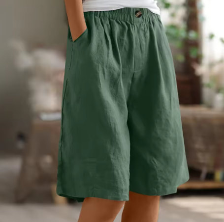 Shorts in lino casual con vita elastica per donne – Bermuda estive comode con tasche