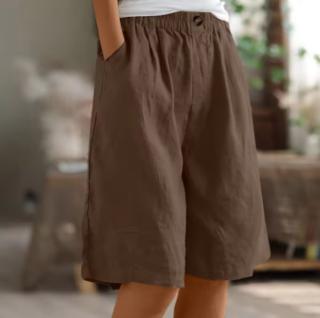 Pantaloni Corti in Lino Casual con Vita Elastica per Donne – Bermuda Estive Confortevoli con Tasche
