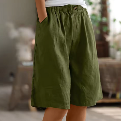Shorts in lino casual con vita elastica per donne – Bermuda estive comode con tasche