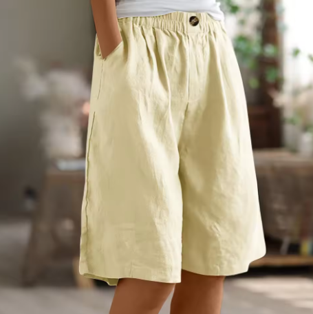 Pantaloni Corti in Lino Casual con Vita Elastica per Donne – Bermuda Estive Confortevoli con Tasche