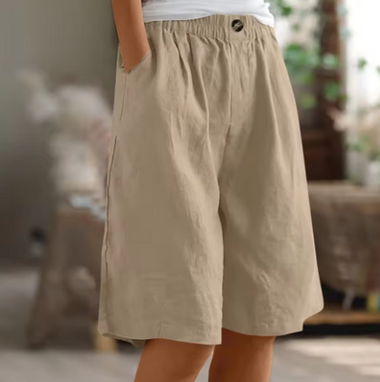 Pantaloni Corti in Lino Casual con Vita Elastica per Donne – Bermuda Estive Confortevoli con Tasche