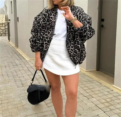 Giacca Bomber con Stampa Leopardo – Giacca Casual per il Passaggio di Stagione con Zip per Donne