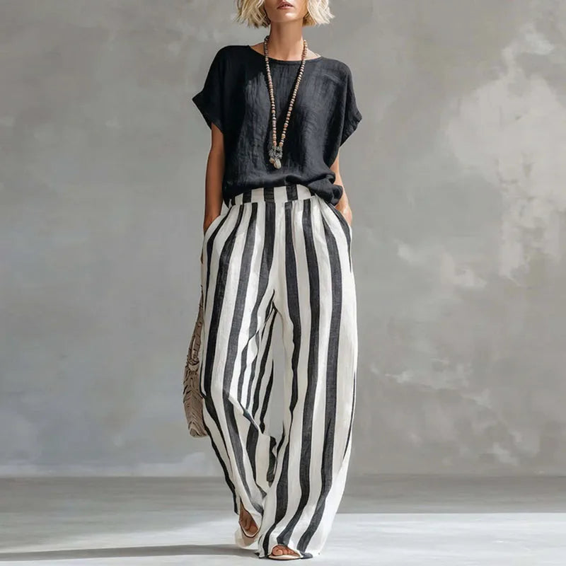 Set due pezzi casual con top per donne – Outfit estivo leggero con righe e pantaloni larghi