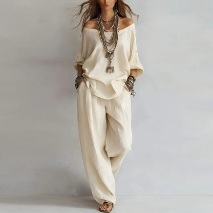Set due pezzi casual con top senza spalle per donne – Outfit estivo leggero con pantaloni larghi