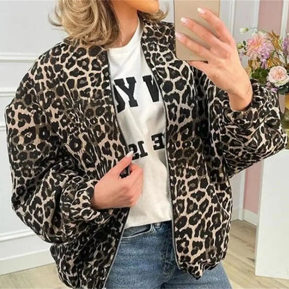 Giacca Bomber con Stampa Leopardo – Giacca Casual per il Passaggio di Stagione con Zip per Donne