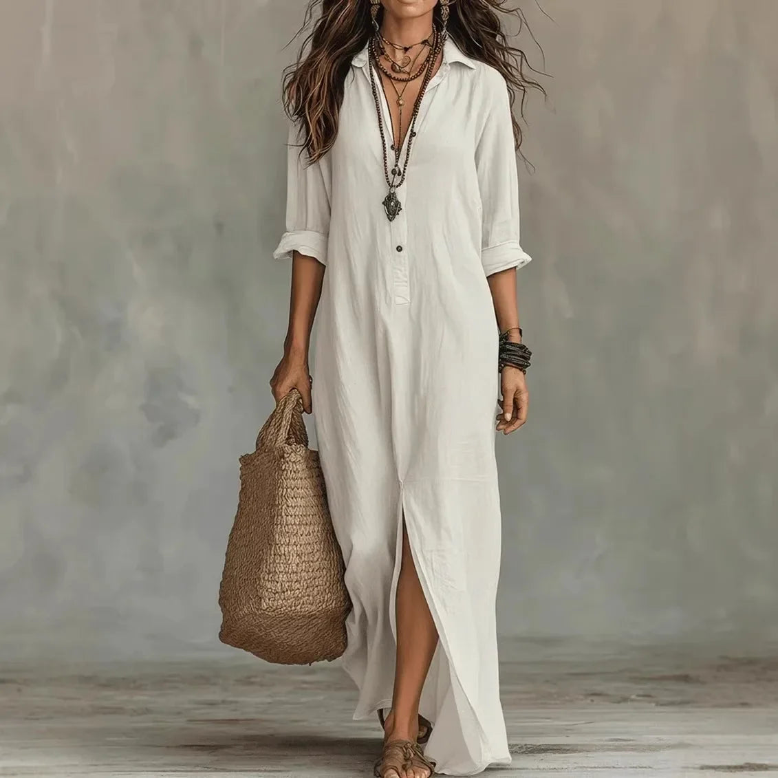Abito Max lungo con colletto camicia per donne – Abito estivo leggero con scollatura a V e maniche lunghe