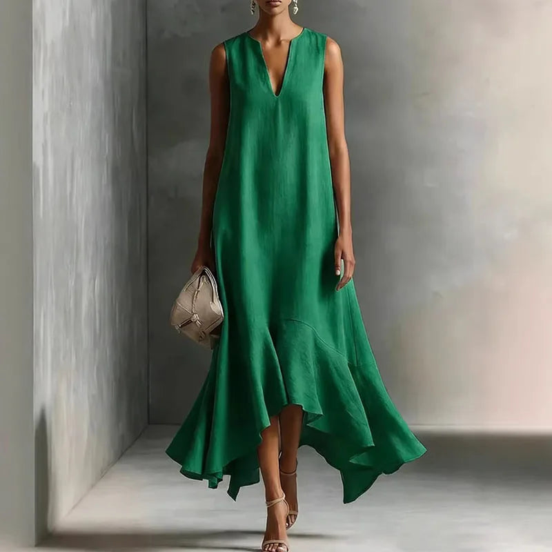 Elegante Maxikleid con orlo a volant per donne – Vestito fluido a A con scollatura a V