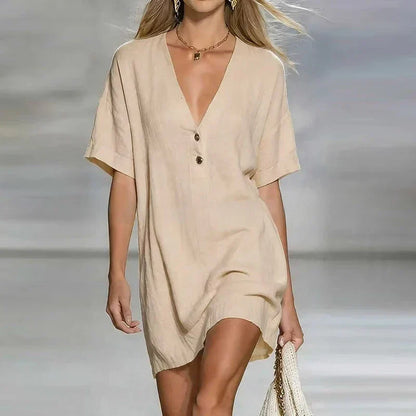 Abito mini casual con scollo a V per donne – Abito estivo leggero con bottoni
