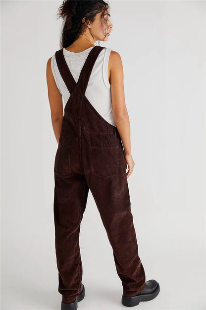 Pantaloni salopette casual da donna in corda con bretelle regolabili e tasche