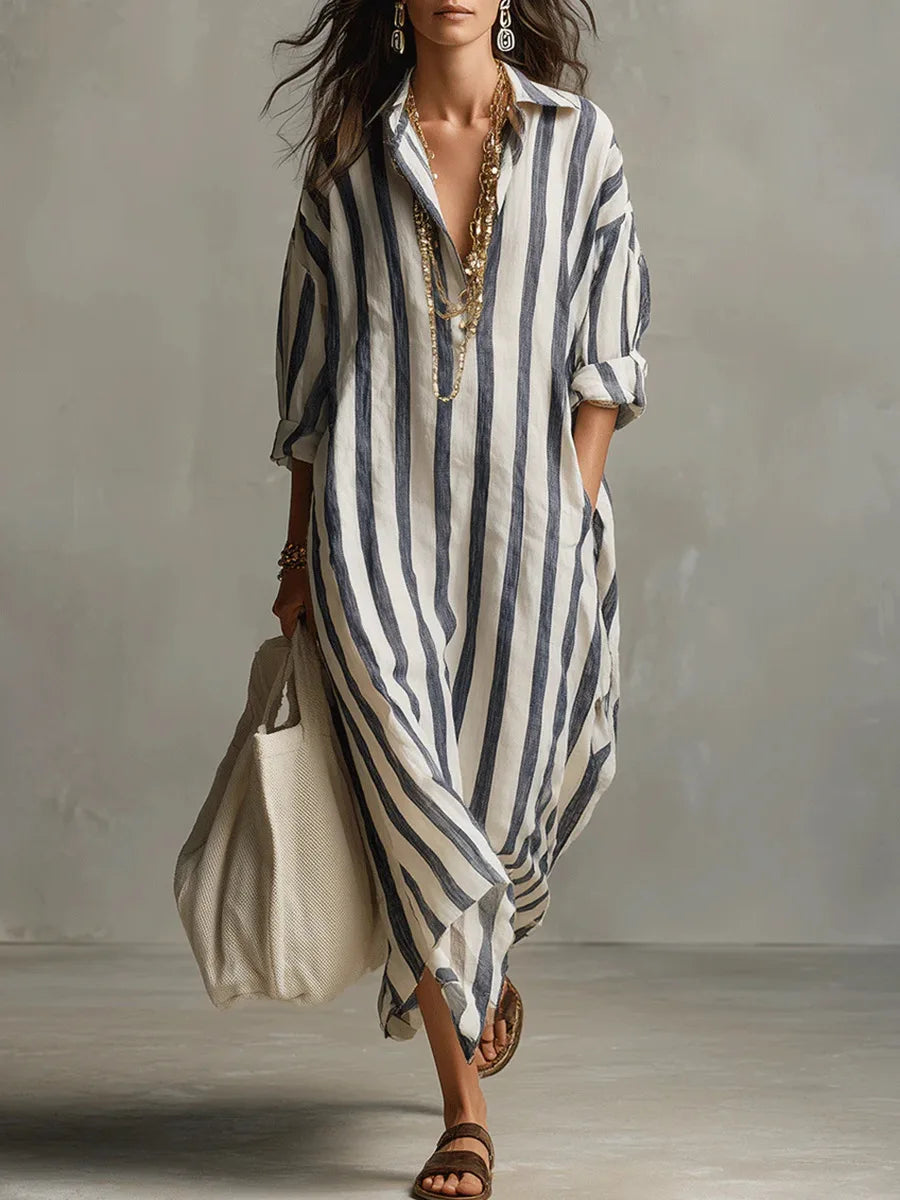 Abito Maxy a righe con colletto per donne - Abito estivo oversize leggero con tasche