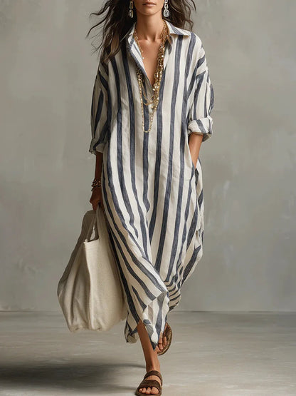 Abito Maxy a righe con colletto per donne - Abito estivo oversize leggero con tasche