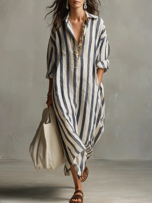 Abito Maxy a righe con colletto per donne - Abito estivo oversize leggero con tasche