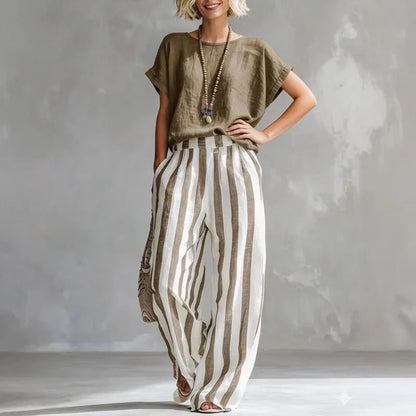 Set due pezzi casual con top per donne – Outfit estivo leggero con righe e pantaloni larghi