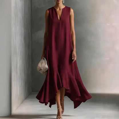 Elegante Maxikleid con orlo a volant per donne – Vestito fluido a A con scollatura a V