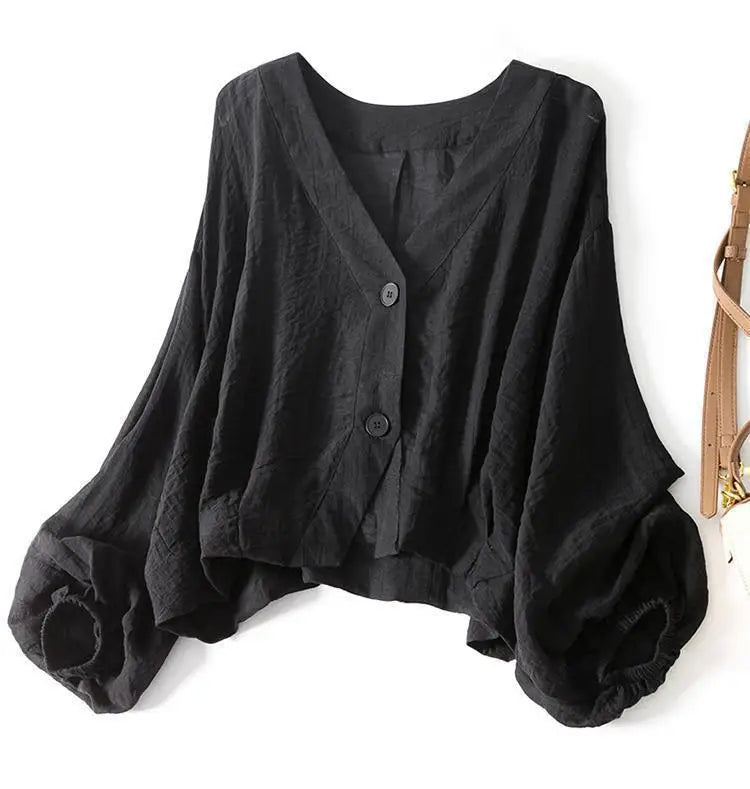 Blusa in lino leggera con maniche a palloncino per donne – Top estivo con scollo a V