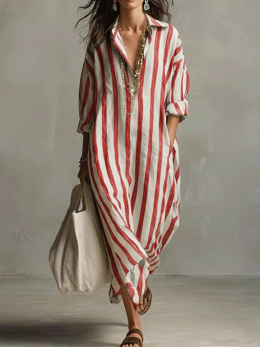 Abito Maxy a righe con colletto per donne - Abito estivo oversize leggero con tasche