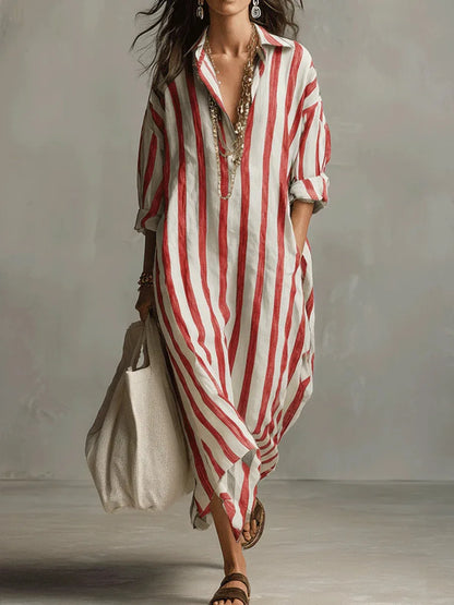 Abito Maxy a righe con colletto per donne - Abito estivo oversize leggero con tasche