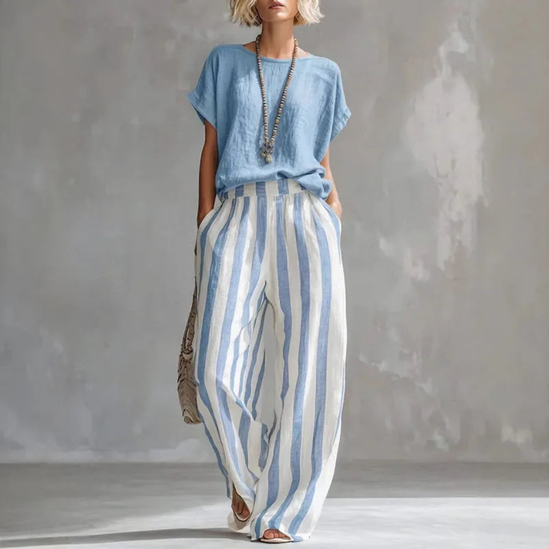 Set due pezzi casual con top per donne – Outfit estivo leggero con righe e pantaloni larghi