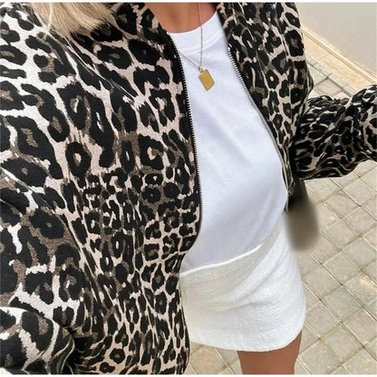 Giacca Bomber con Stampa Leopardo – Giacca casual per il passaggio di stagione con zip per donne