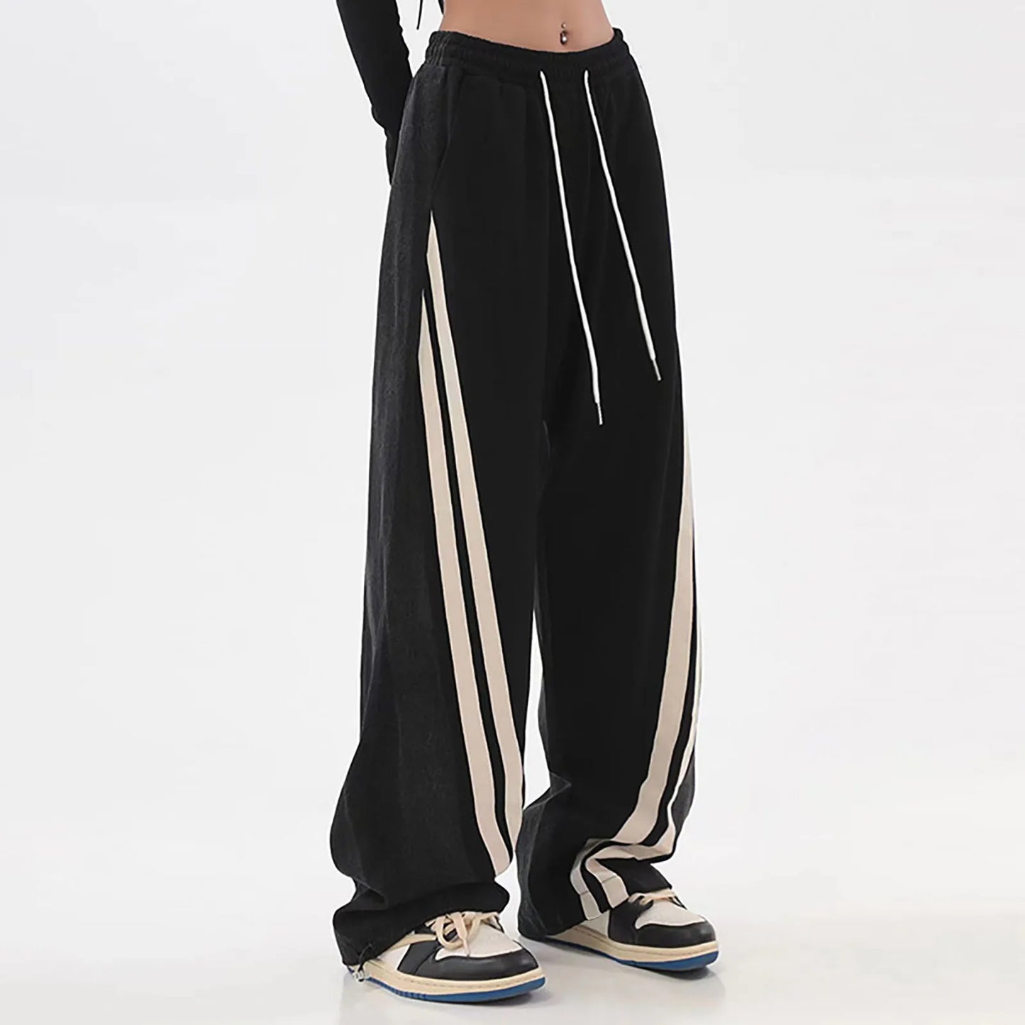 Pantaloni jogging color block casual con strisce laterali per donne – Pantaloni larghi streetwear