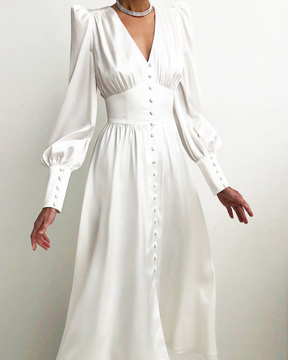 Elegante abito midi con scollo a V e bottoni – Abito lungo fluente per donne