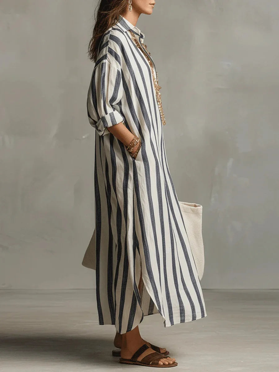 Abito Maxy a righe con colletto per donne - Abito estivo oversize leggero con tasche