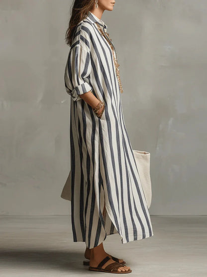 Abito Maxy a righe con colletto per donne - Abito estivo oversize leggero con tasche