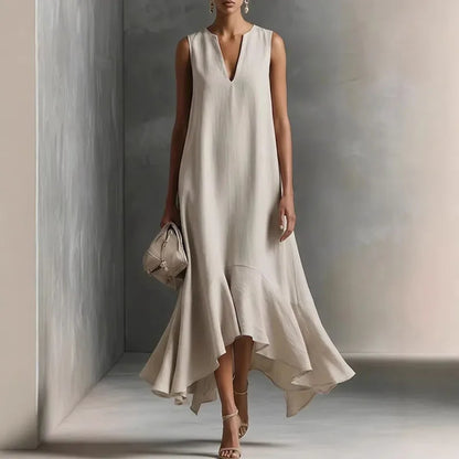 Elegante Maxikleid con orlo a volant per donne – Vestito fluido a A con scollatura a V