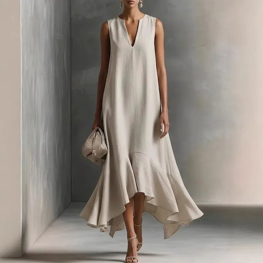 Elegante Maxikleid con orlo a volant per donne – Vestito fluido a A con scollatura a V