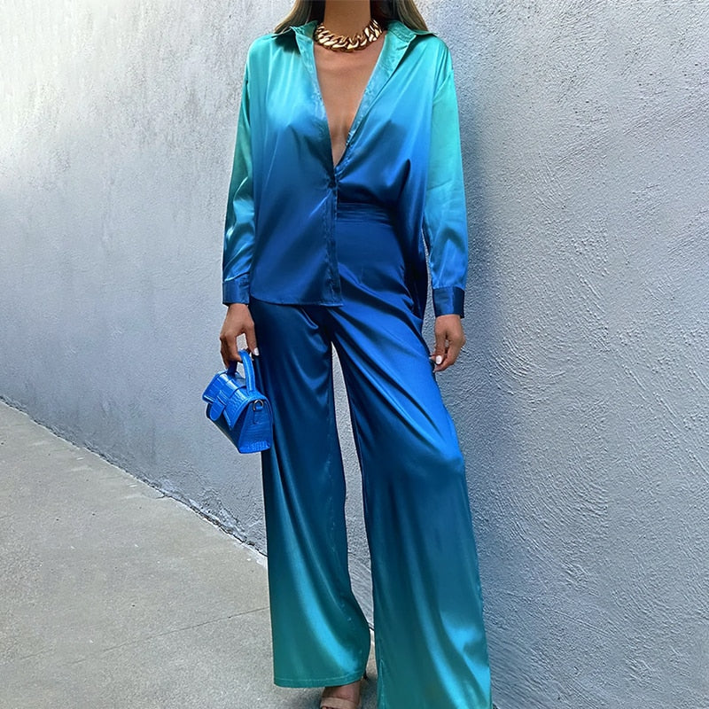 Set bicolore effetto seta con sfumature – Elegante completo blusa e pantaloni per donne