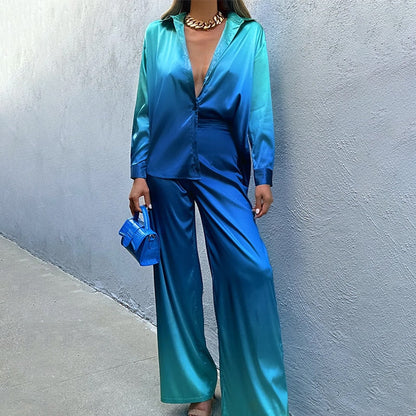 Set bicolore effetto seta con sfumature – Elegante completo blusa e pantaloni per donne