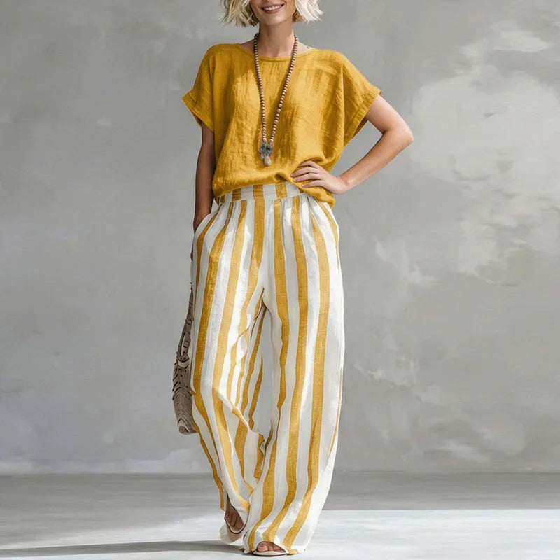 Set due pezzi casual con top per donne – Outfit estivo leggero con righe e pantaloni larghi