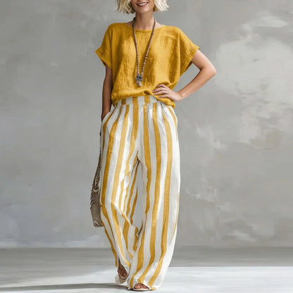Set due pezzi casual con top per donne – Outfit estivo leggero con righe e pantaloni larghi