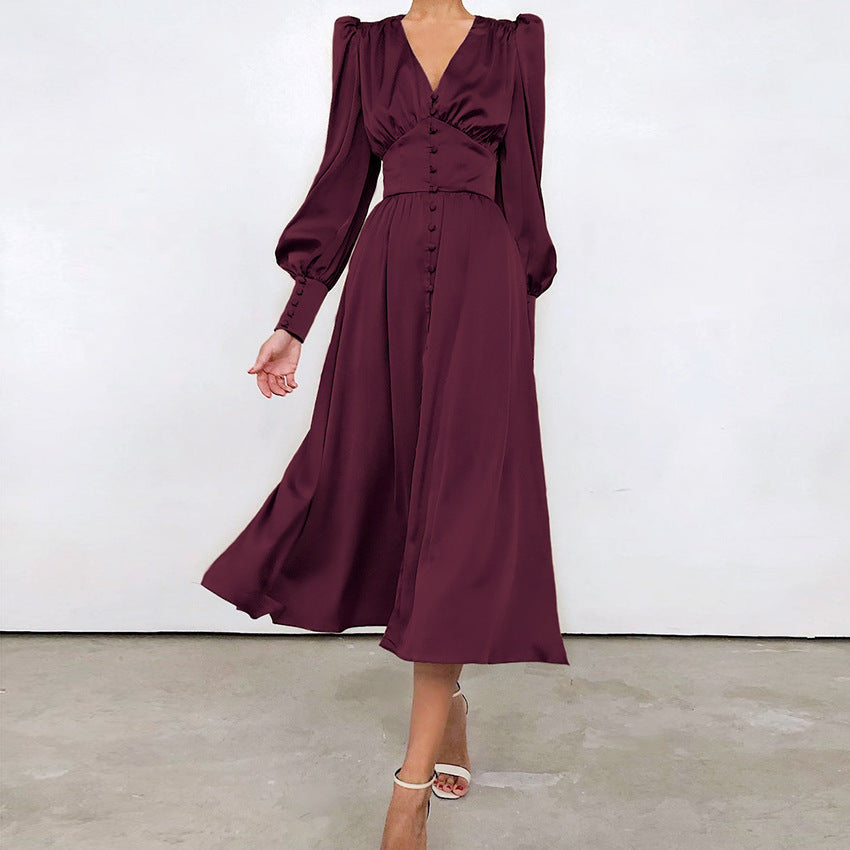 Elegante abito midi con scollo a V e bottoni – Abito lungo fluente per donne