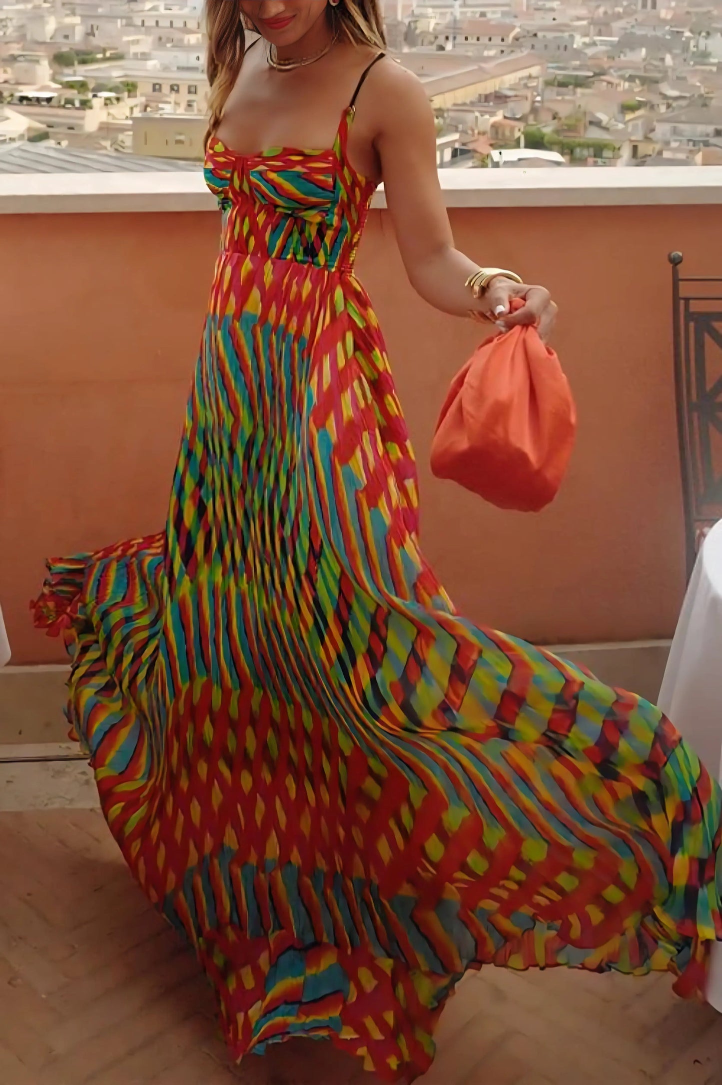 Aliénor - Maxibito con un motivo leggero e colorato, elegante per primavera e estate, stile bandeau con sottili spalline